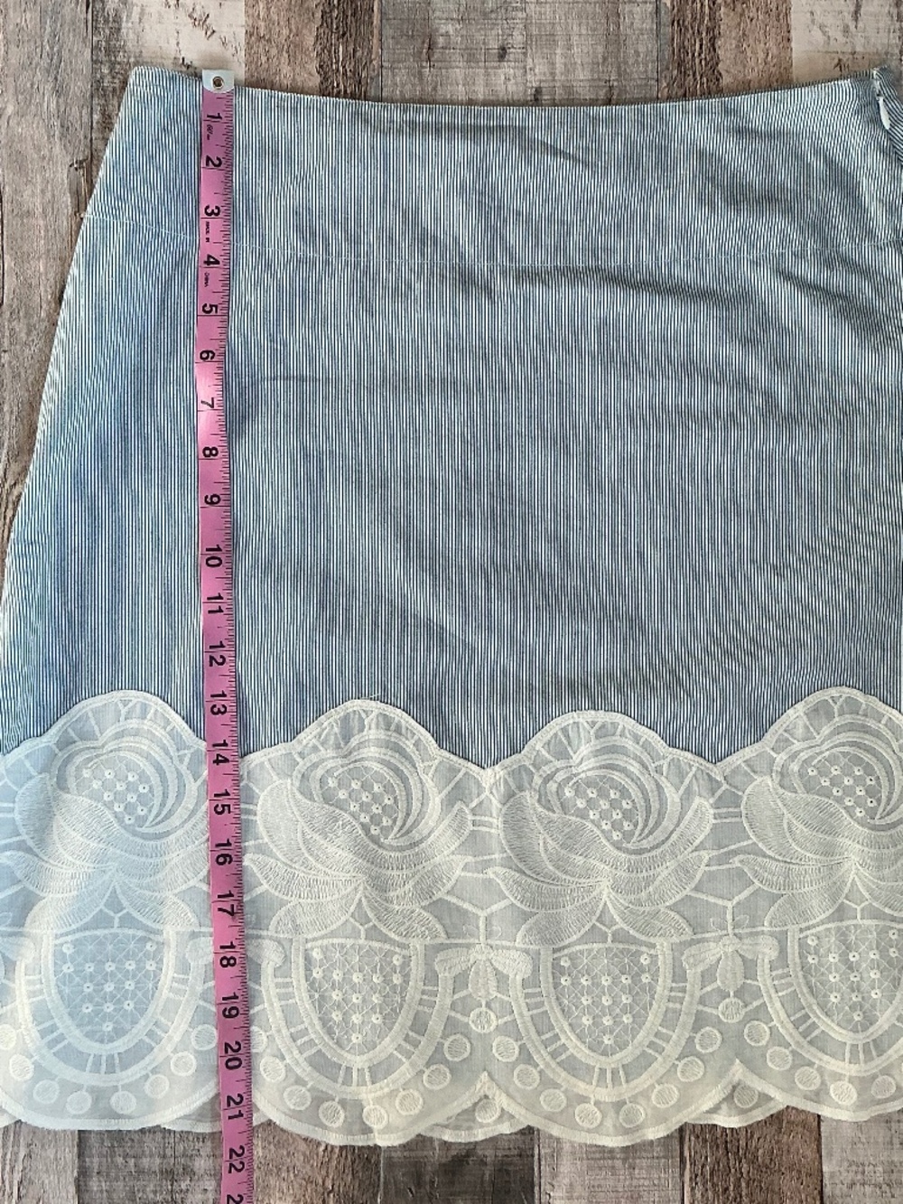 Anthropologie snak Blue White Pinstripe Cotton Skirt Lace Border SZ 6 - Picture 7 of 8